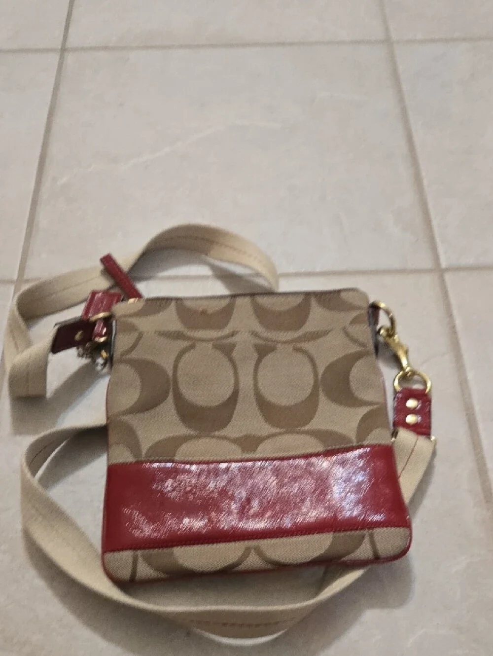 Coach Signature Canvas Crossbody Bag in Khaki & Red